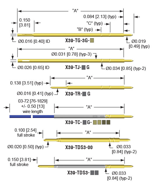 39mil termination pins for dual level, loaded board testing