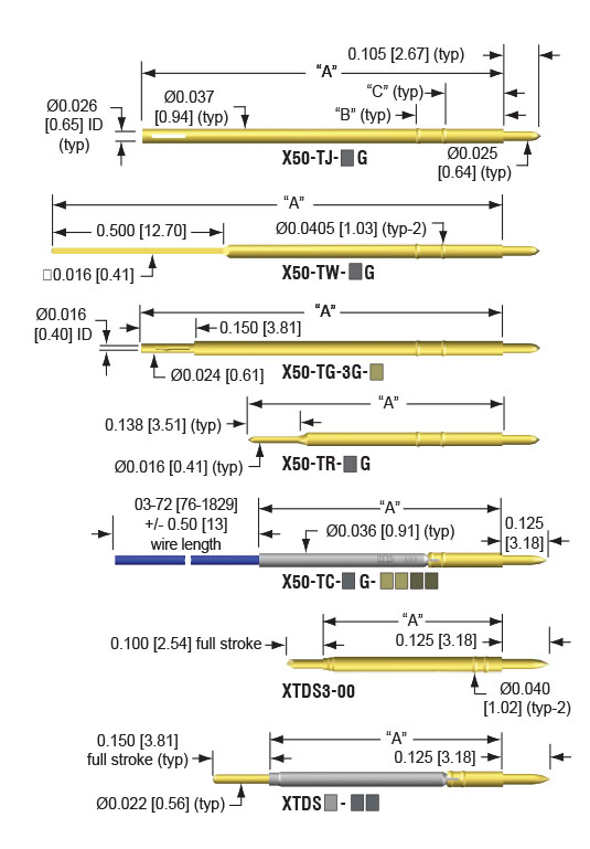 50mil termination pins for dual level, loaded board testing